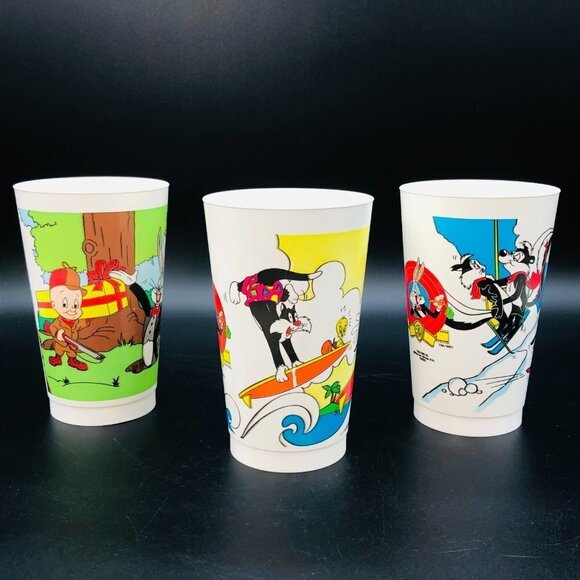 1990 Looney Tunes Plastic Tumblers Set of 3 Vintage McDonald's Coca Cola Cups - Picture 5 of 11